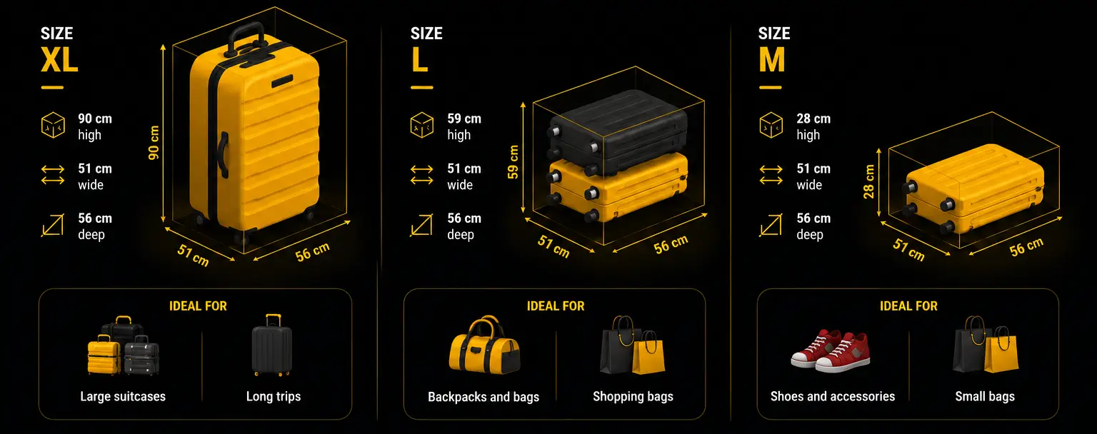 Infographic with M, L and XL locker sizes for storing luggage in Granada